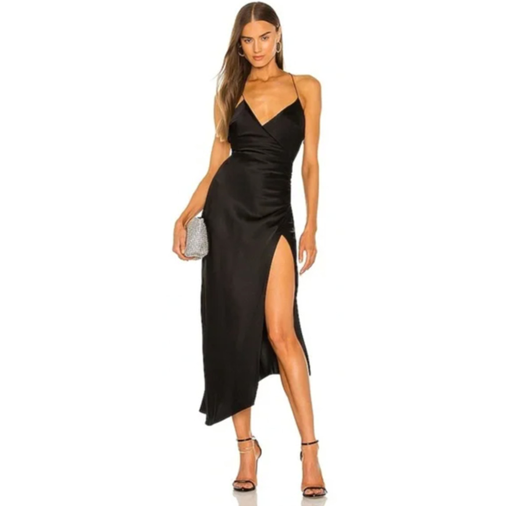 SER.O.YA Emma Dress Silk Faux Wrap Crisscross Back Asymmetrical Hem Black NWT XL